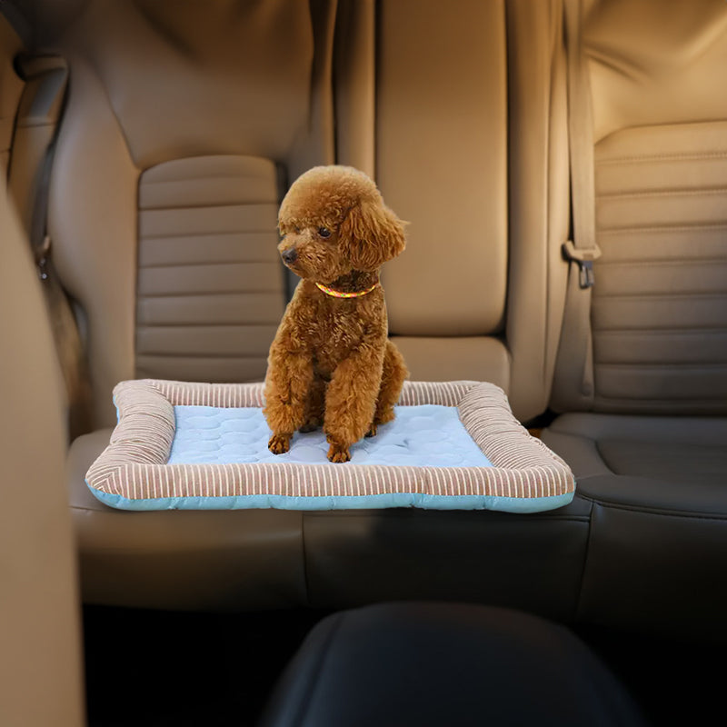 Cooling pet mats for dogs & cats, ice silk, breathable, soft summer pads in pink/blue.