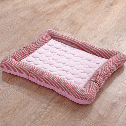 Cooling pet mats for dogs & cats, ice silk, breathable, soft summer pads in pink/blue.