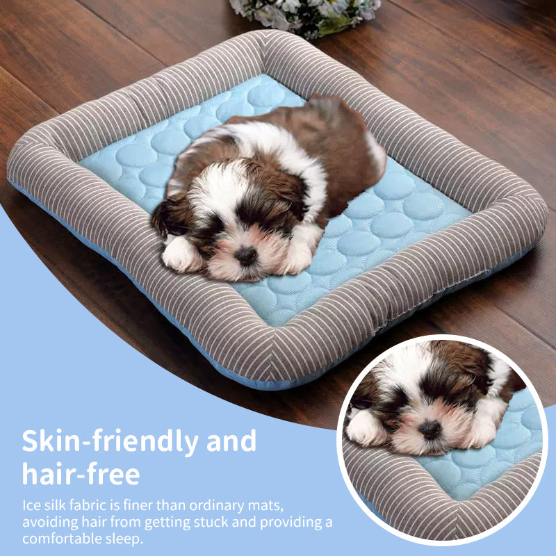 Cooling pet mats for dogs & cats, ice silk, breathable, soft summer pads in pink/blue.