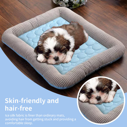 Cooling pet mats for dogs & cats, ice silk, breathable, soft summer pads in pink/blue.