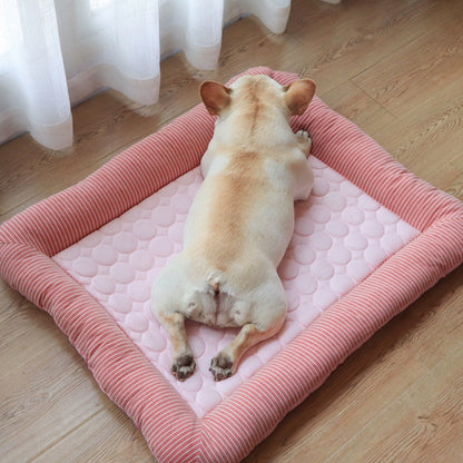 Cooling pet mats for dogs & cats, ice silk, breathable, soft summer pads in pink/blue.