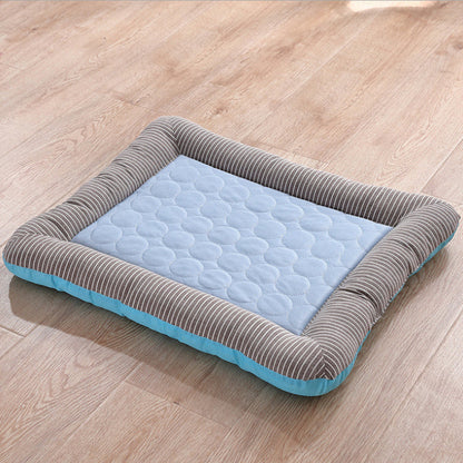 Cooling pet mats for dogs & cats, ice silk, breathable, soft summer pads in pink/blue.