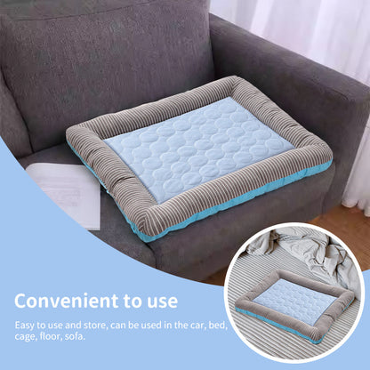 Cooling pet mats for dogs & cats, ice silk, breathable, soft summer pads in pink/blue.