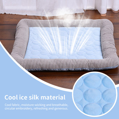 Cooling pet mats for dogs & cats, ice silk, breathable, soft summer pads in pink/blue.